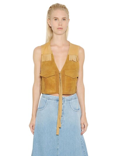 Mm6 Maison Margiela Fringed Suede & Nappa Leather Vest In Tan