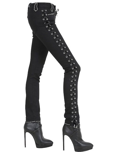 Saint Laurent Lace-up Denim & Leather Jeans In Black