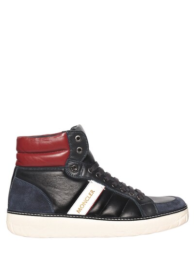 MONCLER LEATHER HIGH TOP SNEAKERS, NAVY