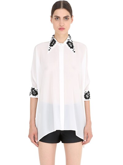 Nena Ristich Embellished Silk Shirt In White/black