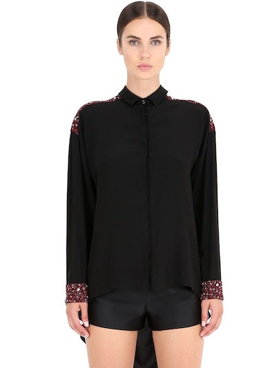 Nena Ristich Bead Embellished Silk Shirt In Black/red