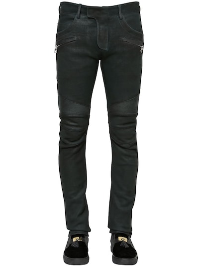 Balmain 17cm Biker Leather & Cotton Denim Jeans, Black In Dark Green