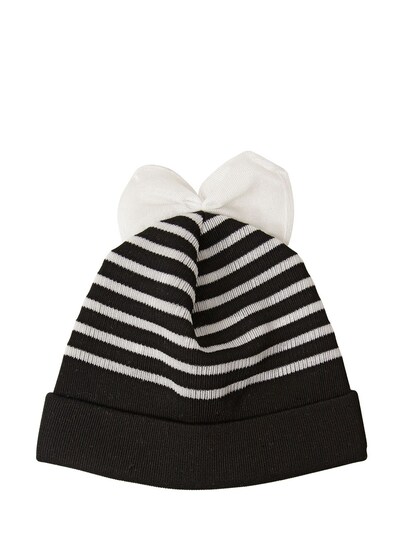 Federica Moretti Striped Cotton Blend Beanie Hat With Bow In Black,white