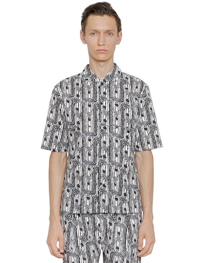Lemaire Printed Cotton Short Sleeve Shirt In White/black