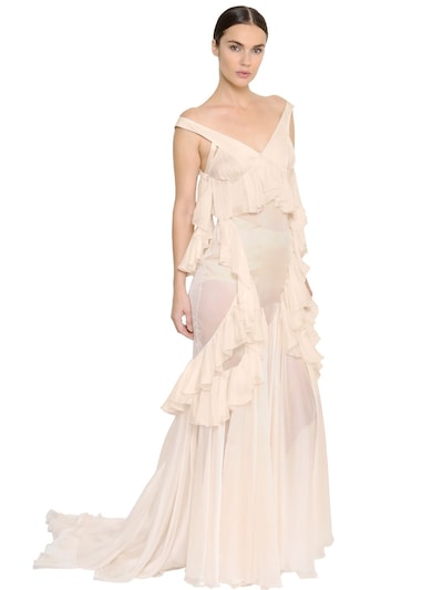 Francesco Scognamiglio Ruffled Sheer Silk Chiffon Long Dress In Light Pink