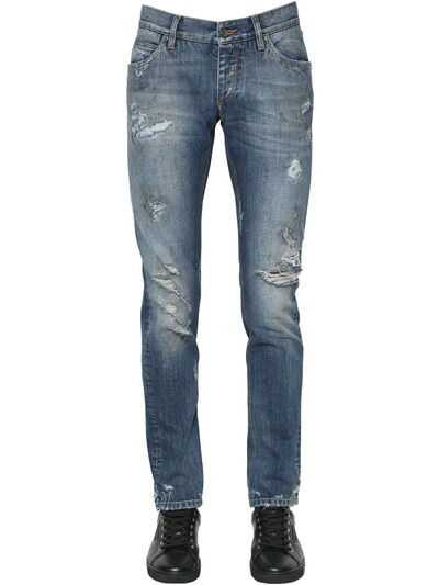 Dolce & Gabbana 17cm Destroyed Cotton Denim Jeans In Blue