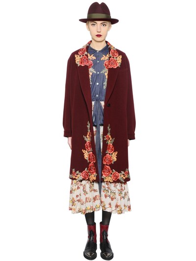 ANTONIO MARRAS FLORAL EMBROIDERY WOOL BLEND VELOUR COAT,64I1KY005-Nzcx0