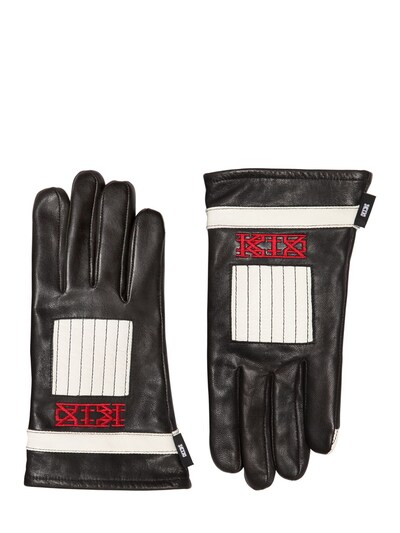 Ktz Two Tone Embroidered Leather Gloves In Black/white
