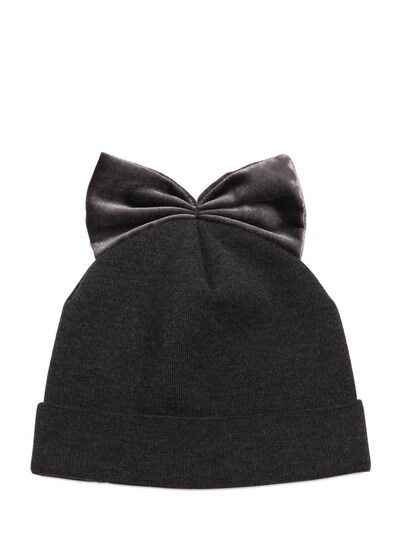 Federica Moretti Ribbed Wool Hat With Velvet Bow In Pink