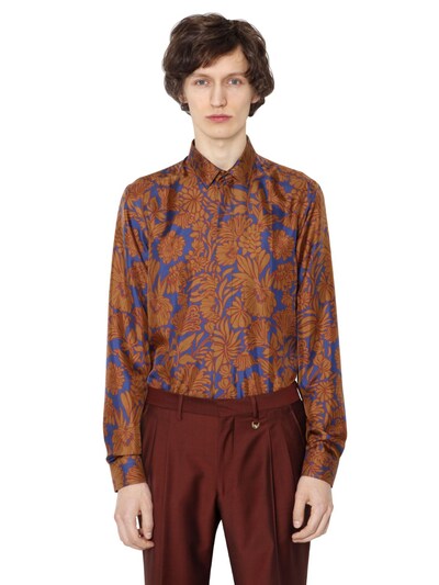Lords & Fools Floral Printed Silk Twill Shirt In Blue/brown