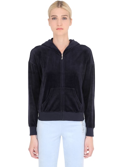 Juicy Couture Crystal Logo Velour Zip-up Sweatshirt, Dark Blue In Darkblue