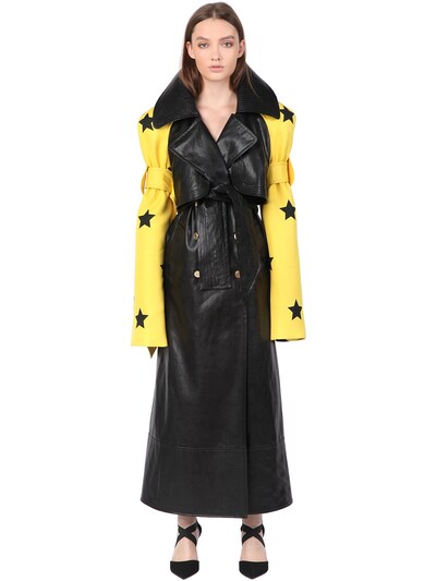 Simongao Stars Printed Scuba Faux Leather Coat In Black/yellow