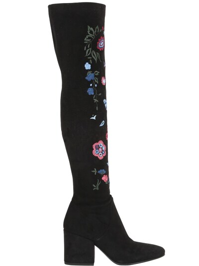 Strategia 70mm Floral Stretch Faux Suede Boots In Black/multi
