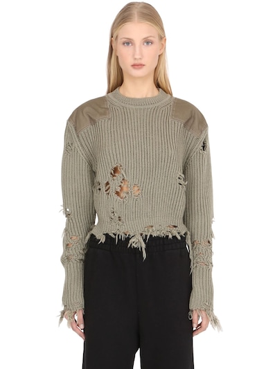 YEEZY DESTROYED CROP KNIT SWEATER W/ PATCHES, MILITARY GREEN