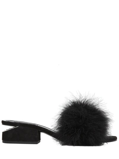 ALEXANDER WANG 40MM LOU FEATHERS & SUEDE SANDALS, BLACK