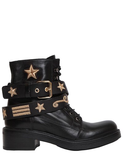 Strategia 30mm Military Embroidered Leather Boots In Black