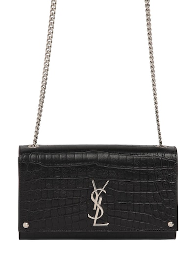 Saint Laurent Medium Kate Monogram Croc Embossed Bag In Black