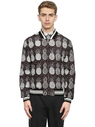 DOLCE & GABBANA PINEAPPLE PRINTED NYLON BOMBER JACKET, BLACK