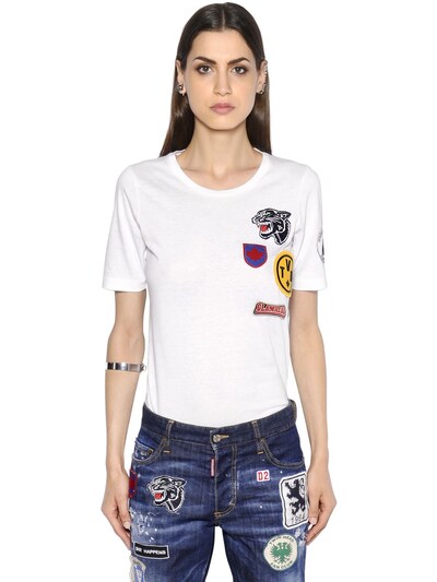 DSQUARED2 EMBROIDERED COTTON JERSEY T-SHIRT, WHITE