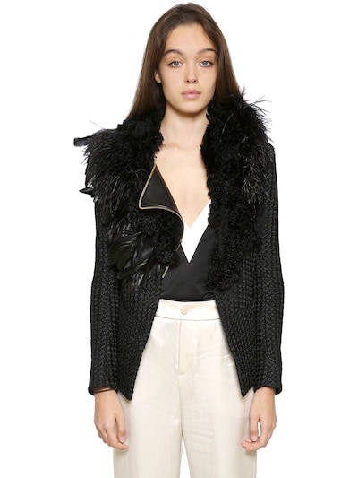 Lanvin Feather Collar Cotton Blend Tweed Jacket In Black | ModeSens