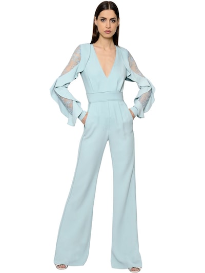 Elie Saab Ruffled Double Cady & Lace Jumpsuit In Light Green