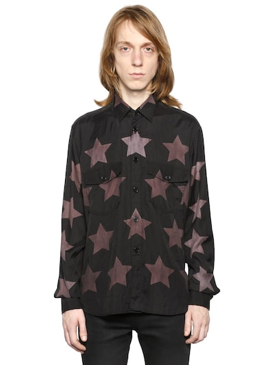 Saint Laurent Oversized Pointed Pocket Shirt In Black Bleached Star Cotton And Viscose