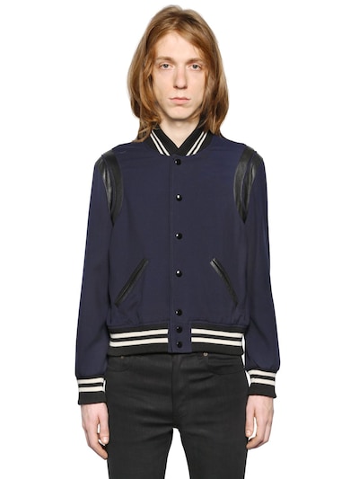 Saint Laurent Wool Gabardine Teddy W/ Leather Details, Blue In Blue