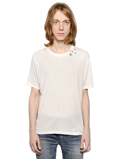 SAINT LAURENT MOON & STARS COTTON JERSEY T-SHIRT, WHITE