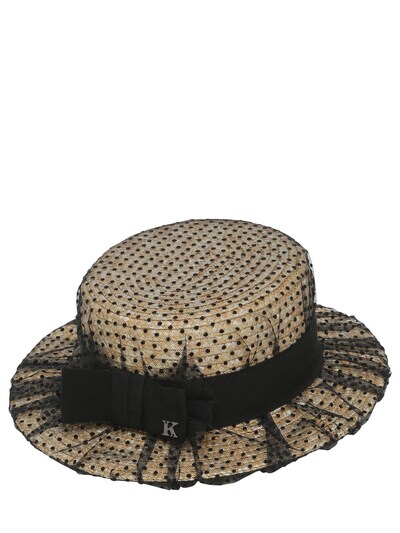 Kreisi Couture Sophie Straw Boater Hat W/tulle Overlay In Natural