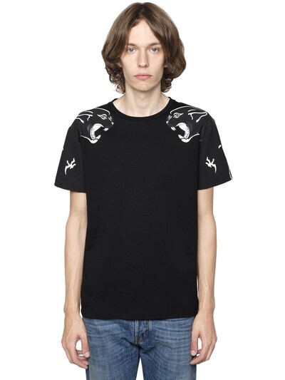 Valentino Panther Printed Cotton Jersey T-shirt In Black | ModeSens