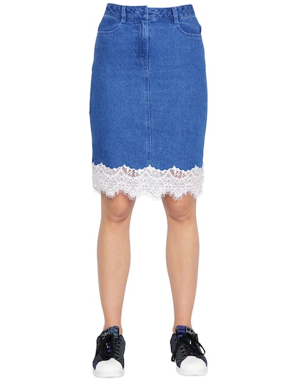 Steve J & Yoni P Cotton Denim Skirt W/ Lace Trim In Blue