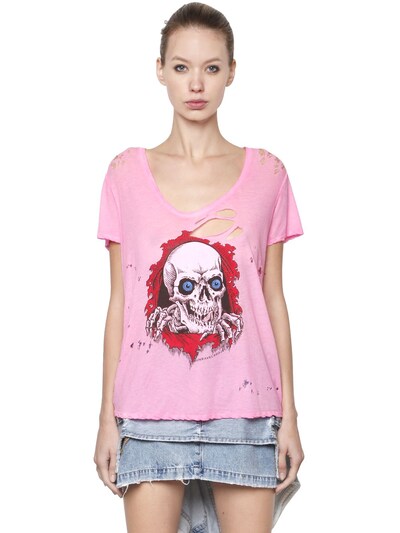 Ben Taverniti Unravel Project Skull Print Destroyed Jersey T-shirt In Fuchsia
