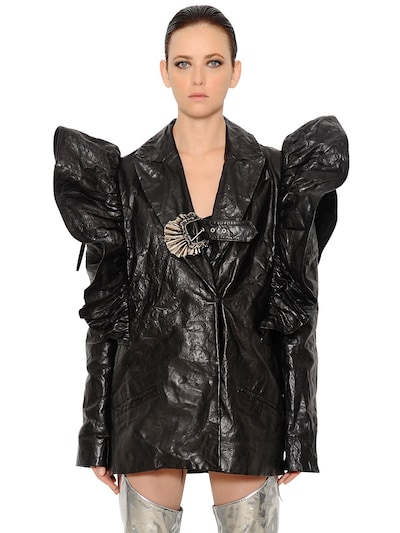 Kaimin Ruffle Shoulders Wrinkled Leather Jacket In Black