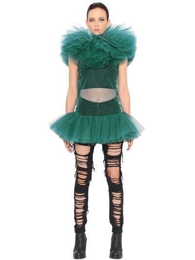 Kaimin Ruffled Sheer Tulle Mini Dress In Green