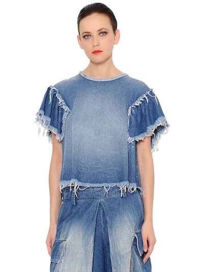Marna Ro Raw Edge Washed Cotton Denim Top In Blue