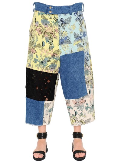 Marna Ro Patchwork Brocade, Denim & Lace Pants In Blue,multi