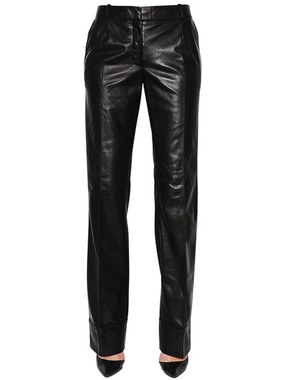 Ronald Van Der Kemp Straight Folded Leather Trousers In Black
