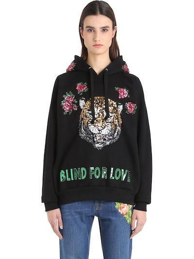 GUCCI HOODED EMBROIDERED COTTON SWEATSHIRT, BLACK