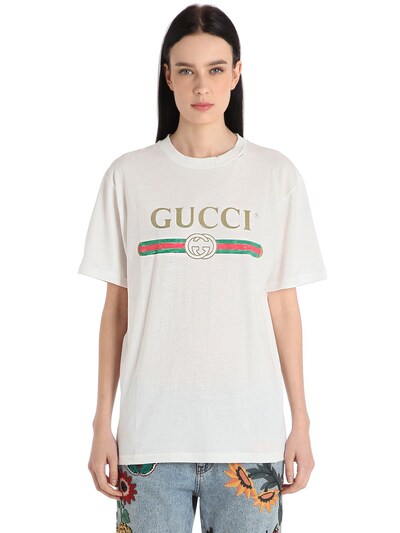 GUCCI LOGO & EMBROIDERY COTTON JERSEY T-SHIRT, WHITE