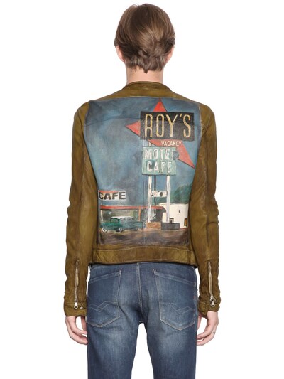 Php Roy's Hand-painted Leather Moto Jacket In Khaki