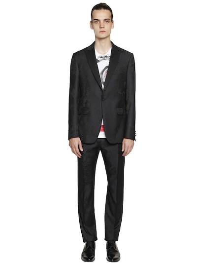 Etro Rose Jacquard Grain De Poudre Wool Suit In Black