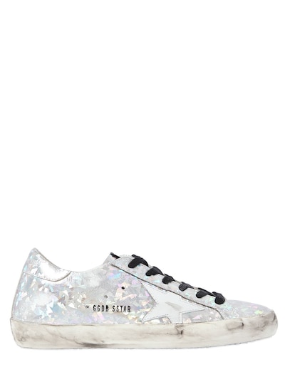 GOLDEN GOOSE 20MM SUPER STAR PRINTED LEATHER SNEAKERS, SILVER