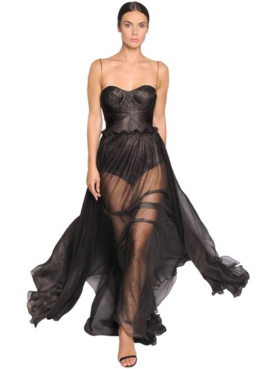 Maria Lucia Hohan Metallic Silk Mousseline Bustier Gown In Black/silver