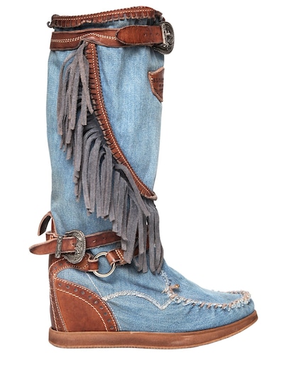 El Vaquero 70mm Joplin Denim & Leather Wedge Boots