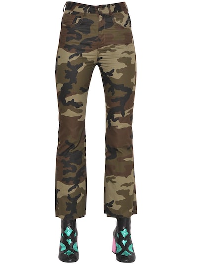 Mm6 Maison Margiela Cropped & Flared Camouflage Cotton Pants In Military Green