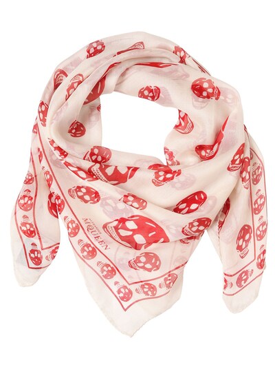 Alexander Mcqueen Silk Chiffon Skull Print Scarf In Ivory,red