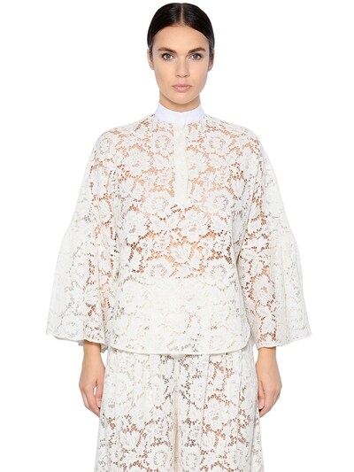 Valentino Contrasting-collar Cotton-blend Lace Blouse In Ivory