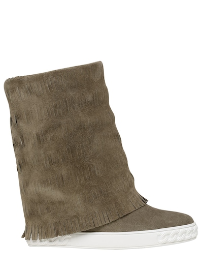 CASADEI 80MM FRINGED SUEDE WEDGE BOOTS, KHAKI