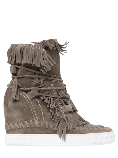 CASADEI 80MM FRINGED SUEDE WEDGE BOOTS, KHAKI