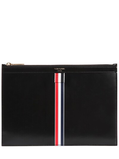 Thom Browne Medium Stripe Brushed Leather Pouch In Black